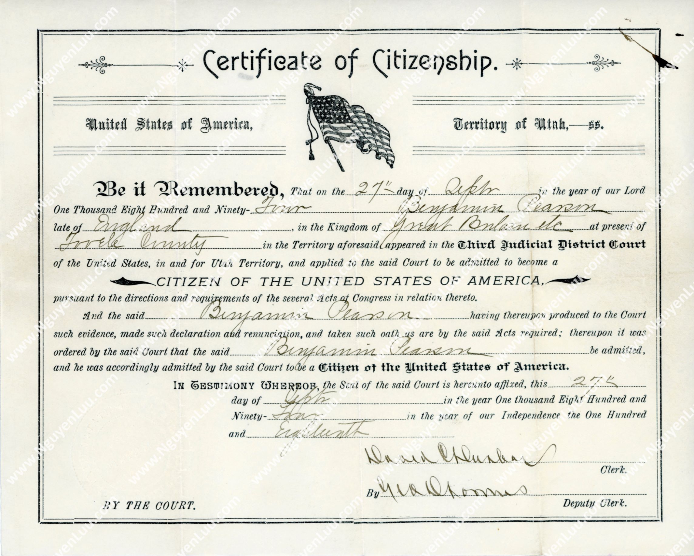 U.S. Certificate of Citizenship issued in the State of Utah in 1894
