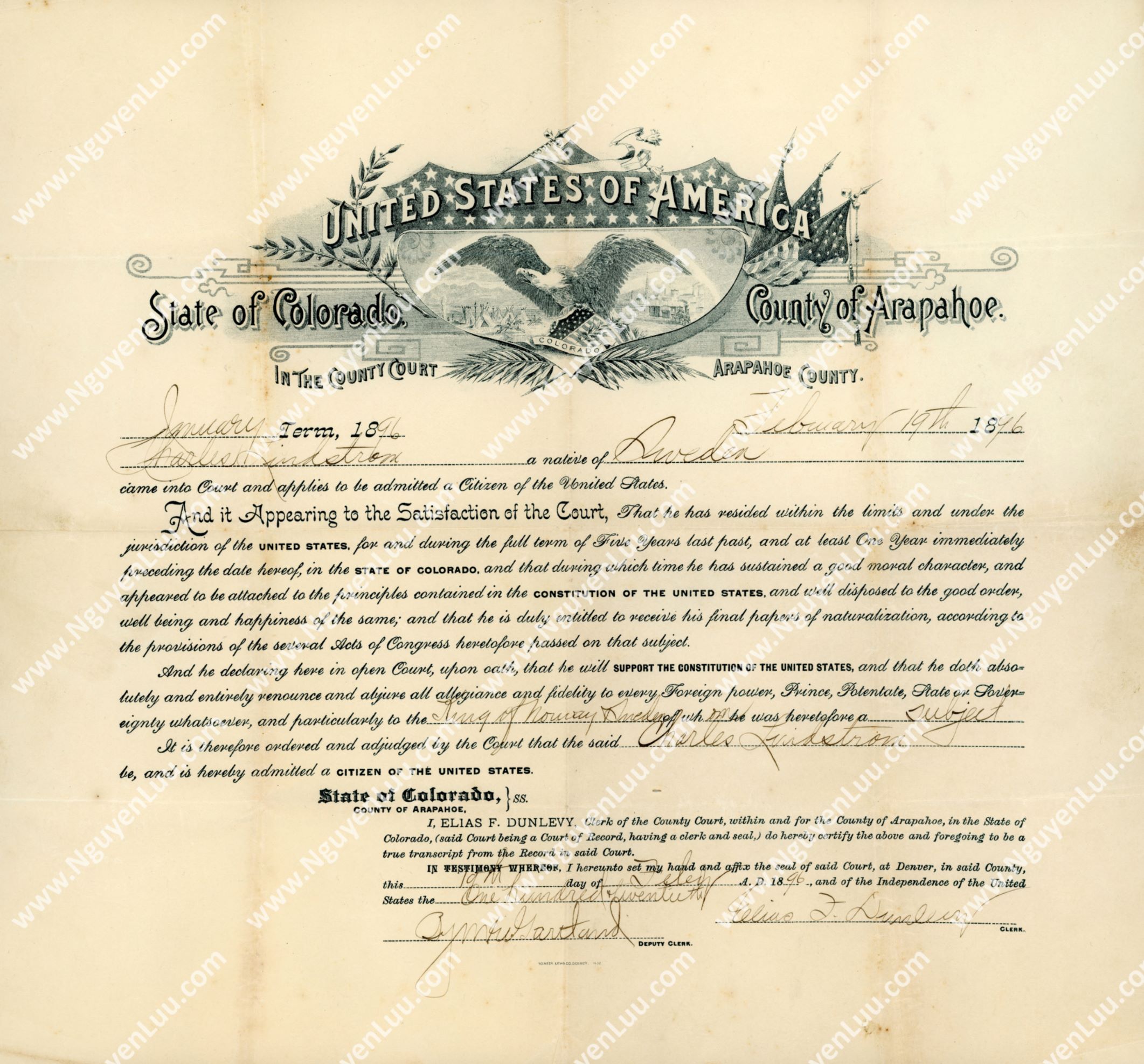 U.S. Certificate of Naturalization issued in State of Colorado in 1896