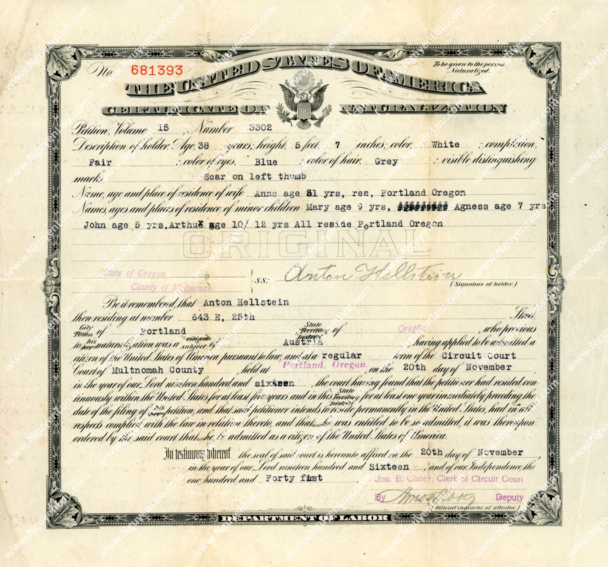 U.S. Certificate of Naturalization issued in the State of Oregon in 1916
