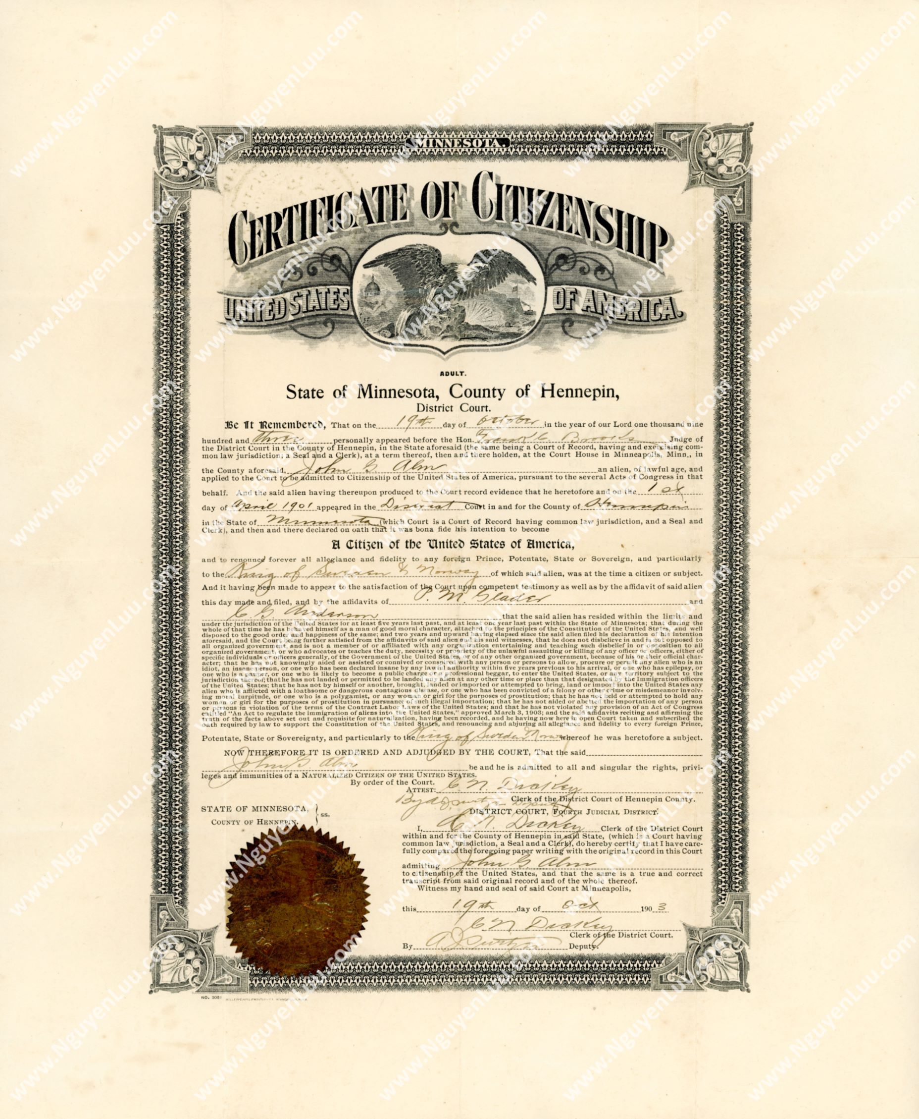 U.S. Certificate of Citizenship issued in the State of Minnesota in 1903