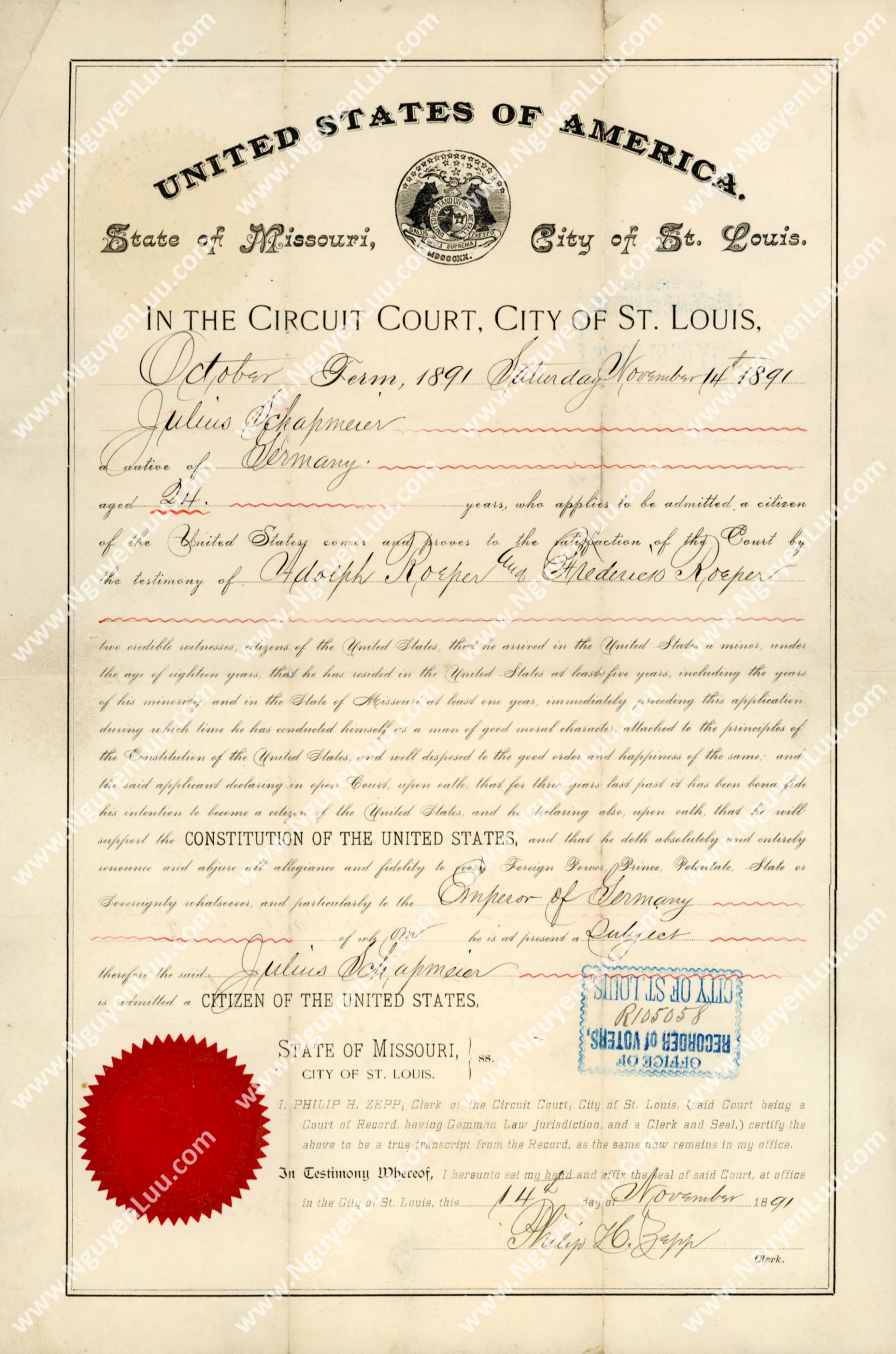 U.S. Certificate of Naturalization issued in the State of Missouri in 1891