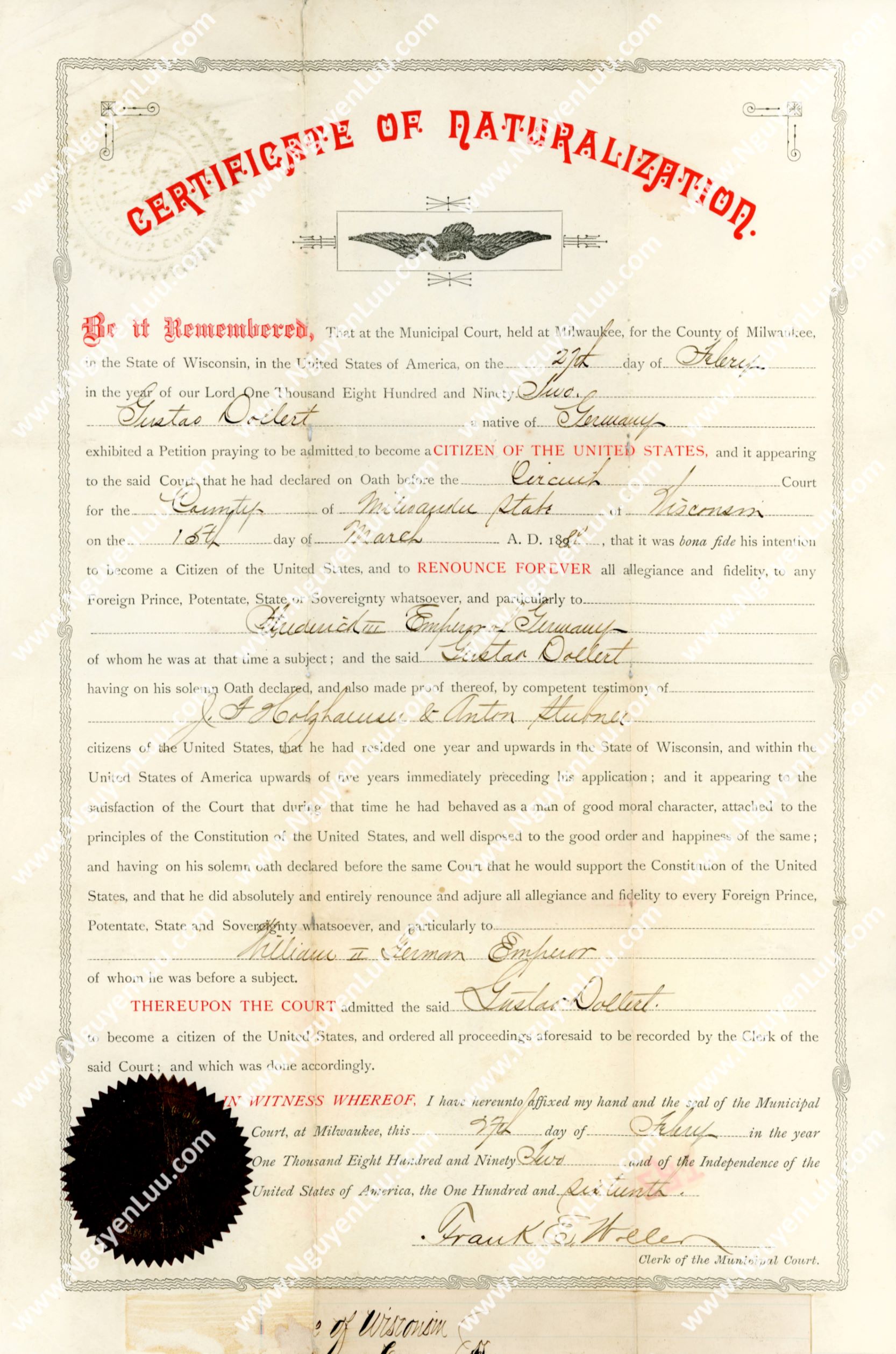 U.S. Certificate of Naturalization issued in the State of Wisconsin in 1892