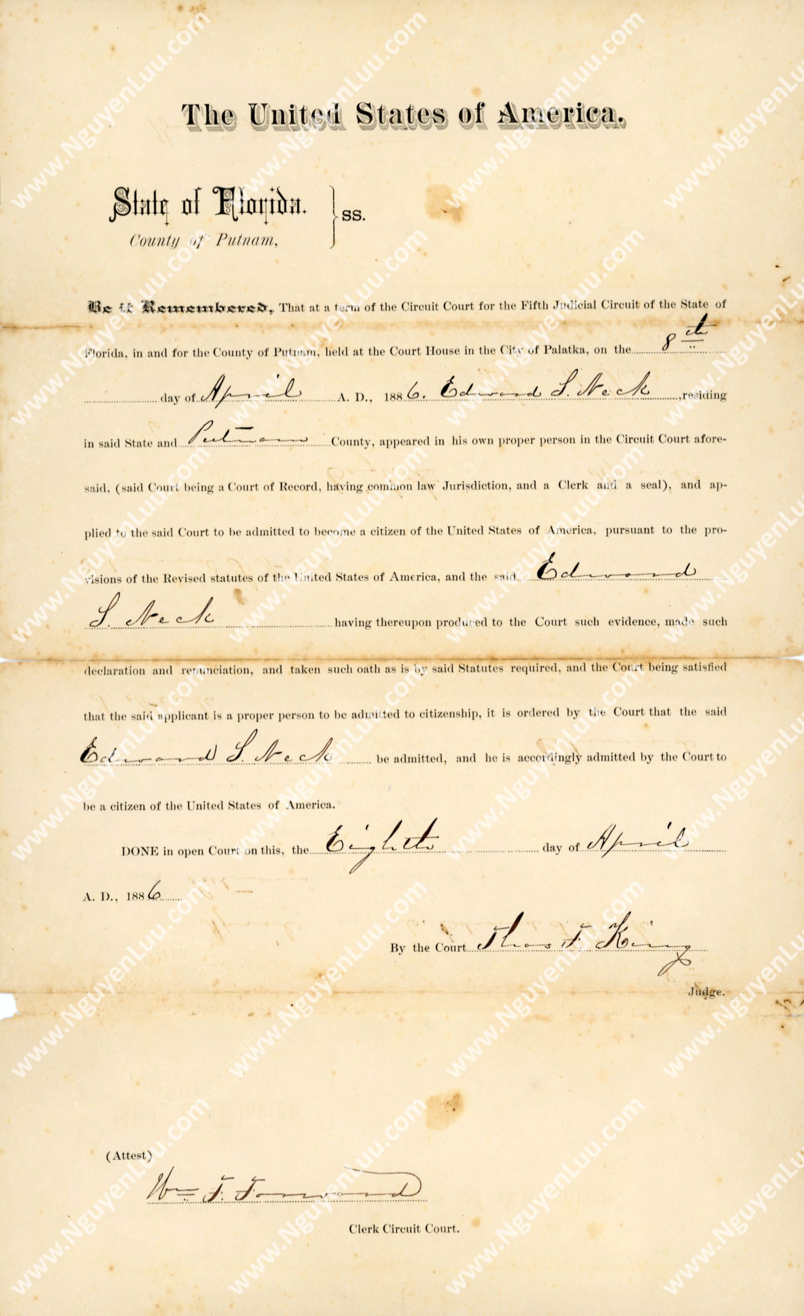 U.S. Certificate of Citizenship issued in the State of Florida in 1886
