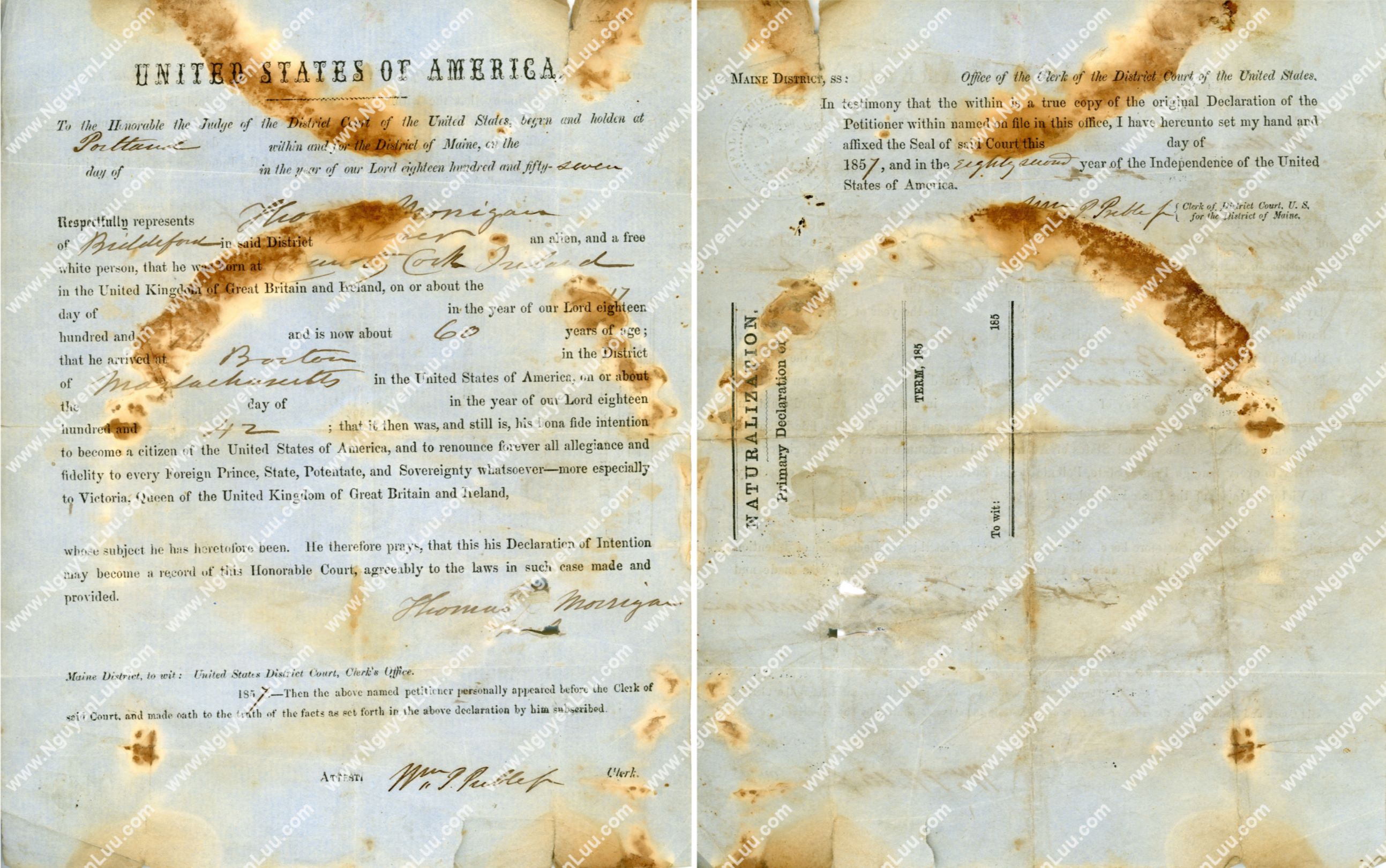 U.S. Certificate of Citizenship issued in the District of Maine in 1857