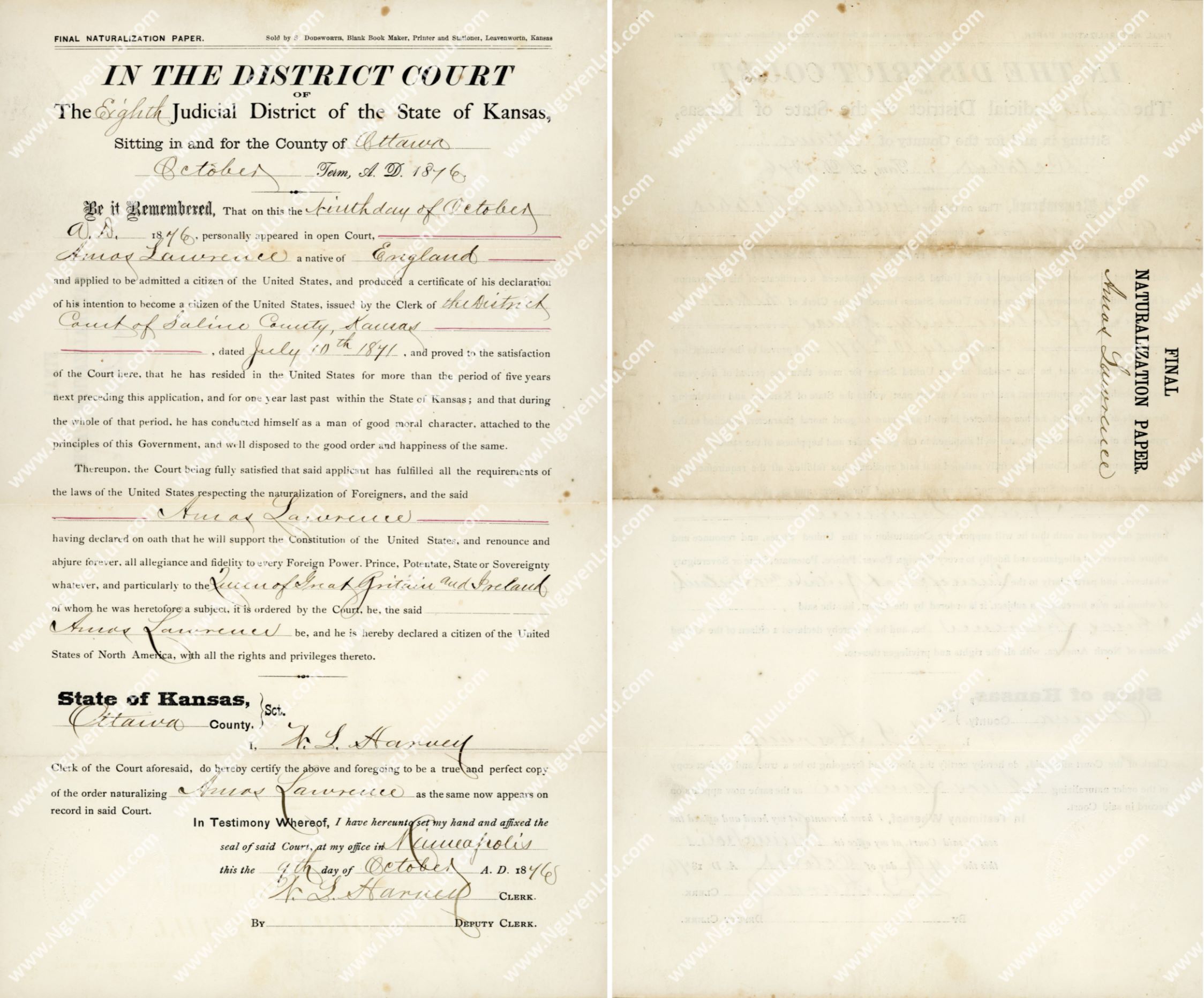 U.S. Certificate of Citizenship issued in the State of Kansas in 1876