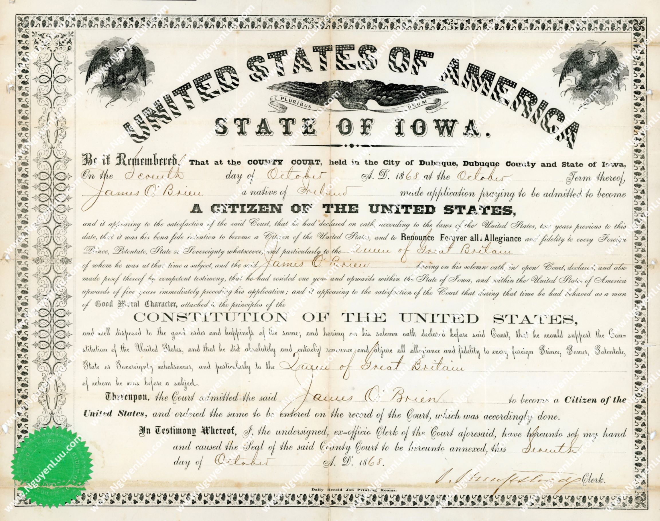  U.S. Certificate of Naturalization issued in the State of Iowa in 1868