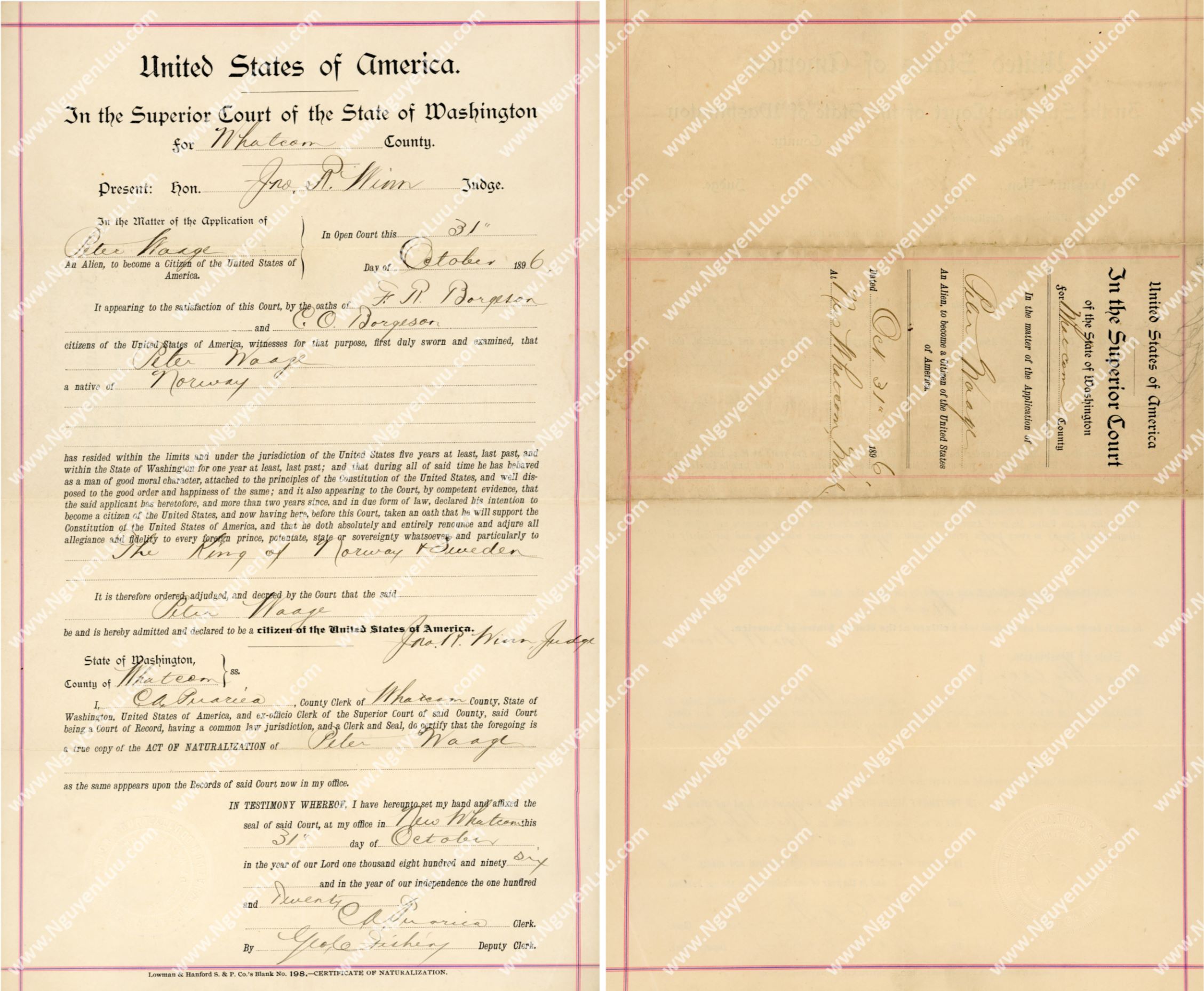 U.S. Certificate of Citizenship issued in the State of Washington in 1896