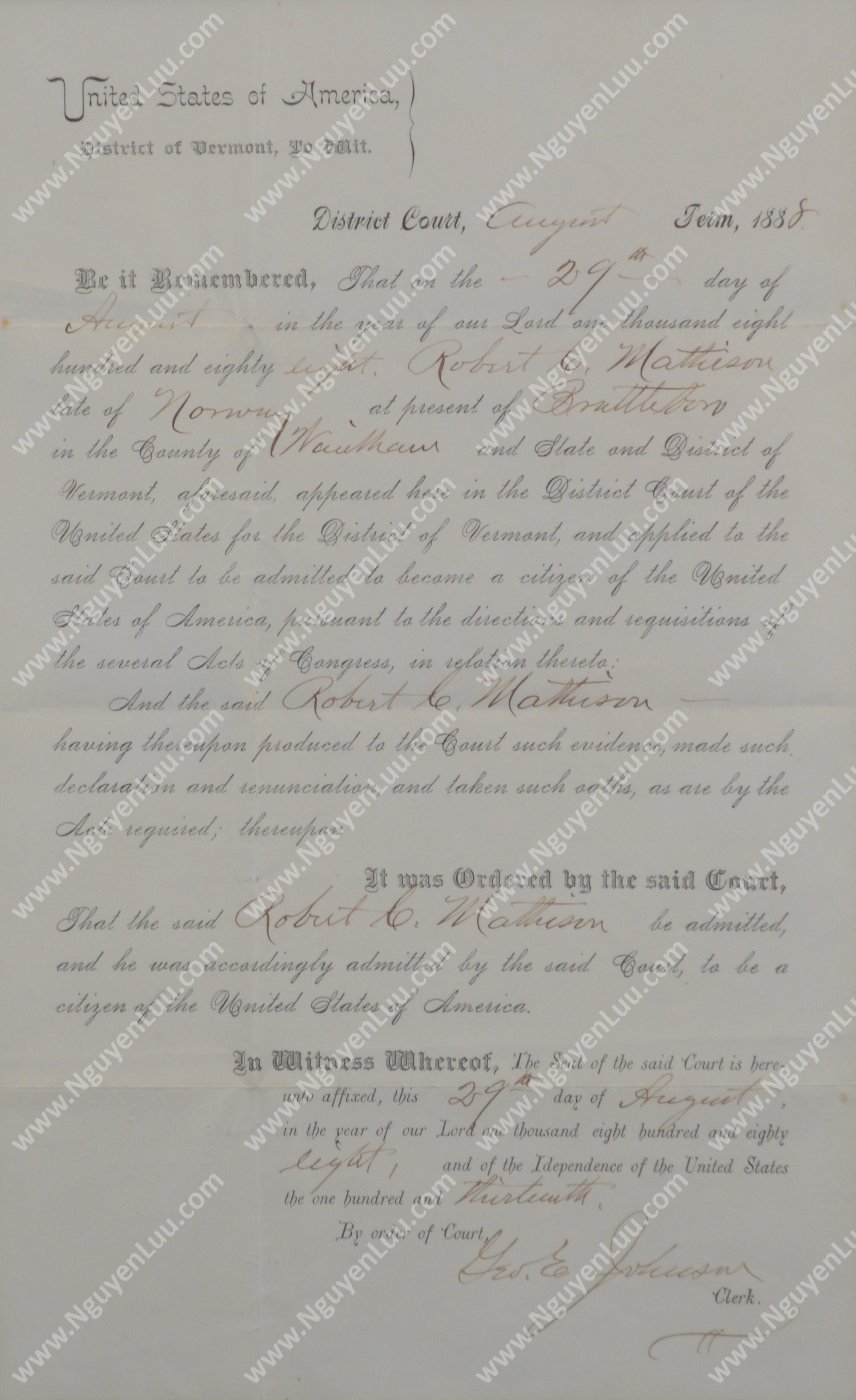 U.S. Certificate of Citizenship issued in the State of Vermont in 1888