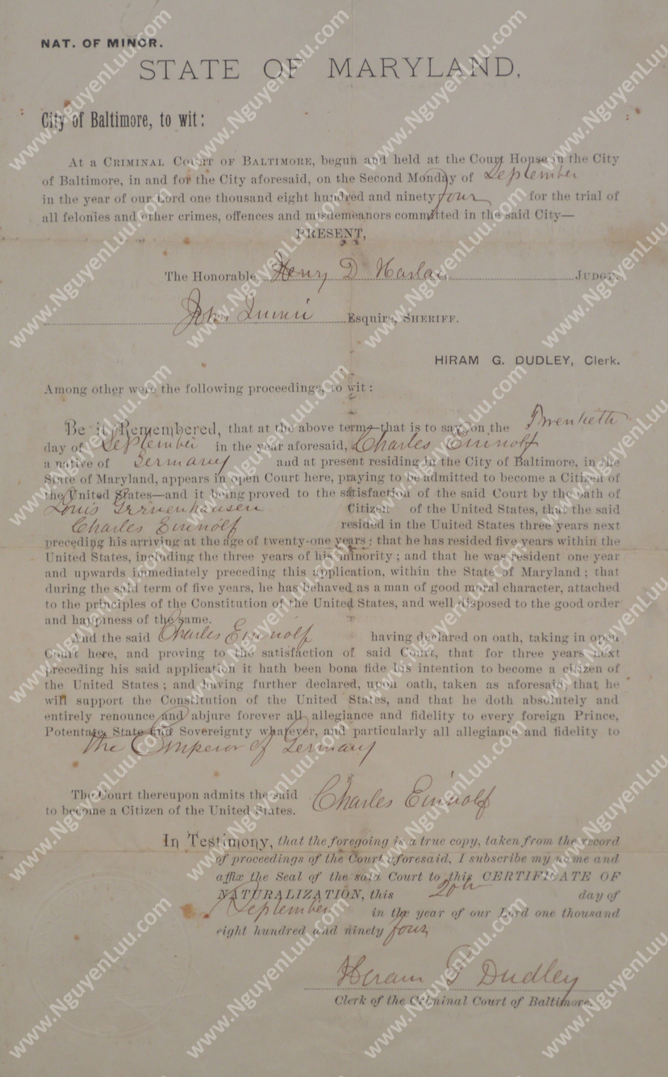 U.S. Certificate of Citizenship issued in the State of Maryland in 1894