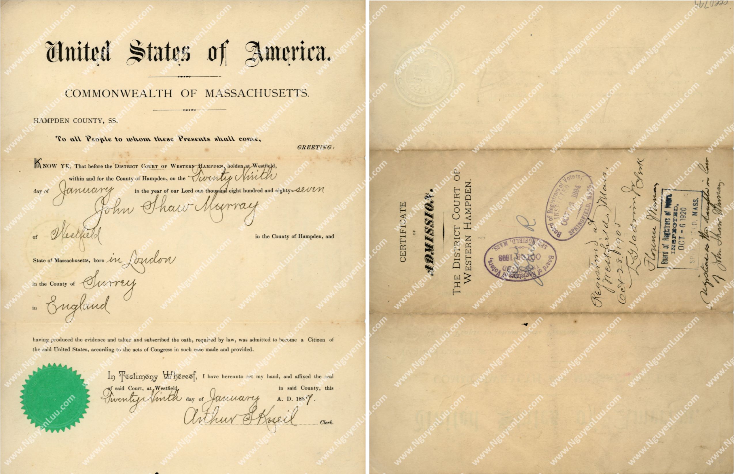 U.S. Certificate of Citizenship issued in the State of Massachusetts in 1887