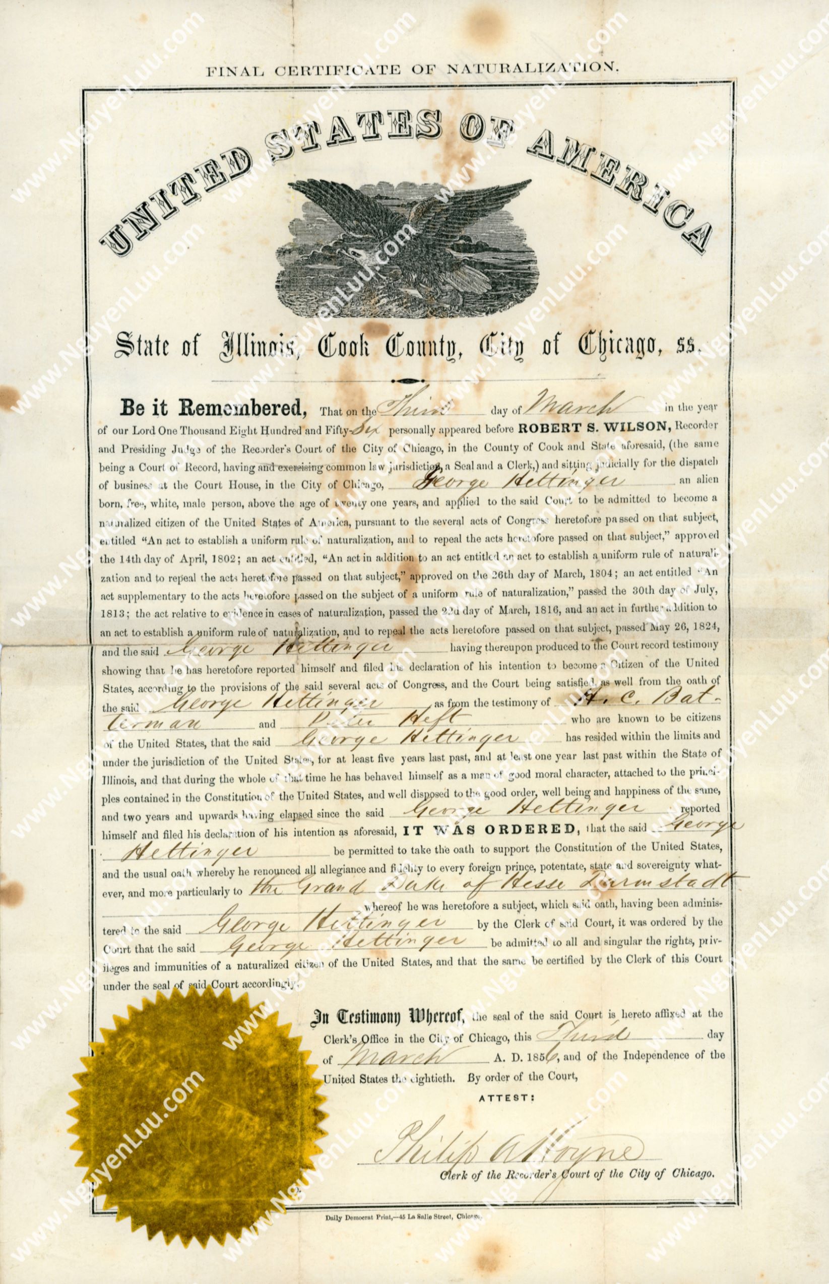 U.S. Certificate of Citizenship issued in the State of Illinois in 1878